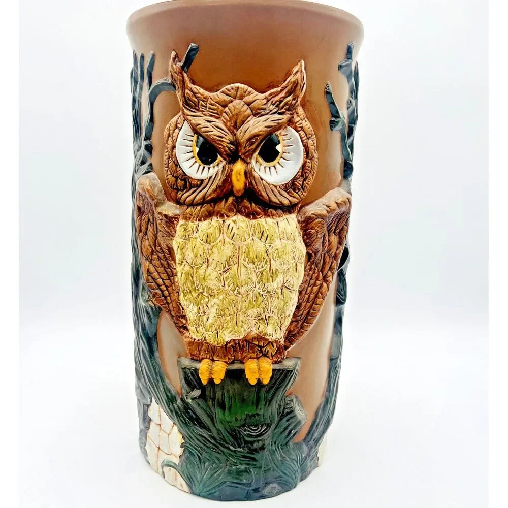 Vtg Ceramic Owl Umbrella Stand Holder 16 inches Floor Vase